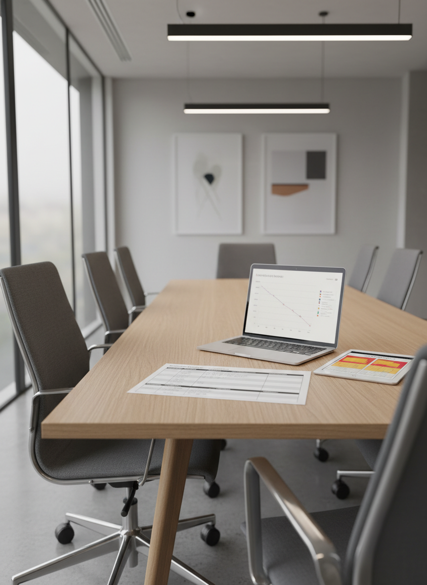 A minimalist, modern conference table made of light oak, seen from a slightly elevated angle, covered with a carefully arranged project status dashboard printed on glossy paper, a slim laptop showing burn-down charts, and a tablet with risk heat maps in vivid but tasteful colors. Around the table, ergonomic chairs are slightly pulled back, suggesting recent collaboration without showing any people. Soft overhead LED lighting combines with diffused daylight from large side windows, creating an even, neutral illumination. The photographic scene feels analytical yet calm, emphasizing data-driven decision-making and structured governance in a clean, uncluttered corporate environment, with subtle depth of field keeping the central documents crisp while the room softly recedes.