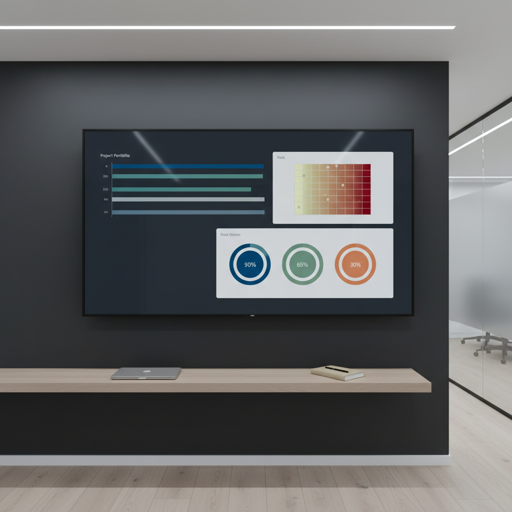 An ultra-modern digital workspace with a large, wall-mounted screen displaying an elegant project portfolio dashboard: multiple clean widgets showing timelines, risk matrices, and KPI dials in a restrained color palette. Below, a floating shelf holds a closed, slim laptop, a notebook, and a single pen placed with deliberate precision. The room features matte charcoal walls, a light wood floor, and a distant glass partition hinting at adjacent offices. Cool, indirect LED strip lighting along the ceiling edges casts a focused, professional glow, with subtle reflections on the screen. Photographic realism with a straight-on composition and moderate depth of field creates a confident, governance-focused atmosphere suited for leadership discussions.