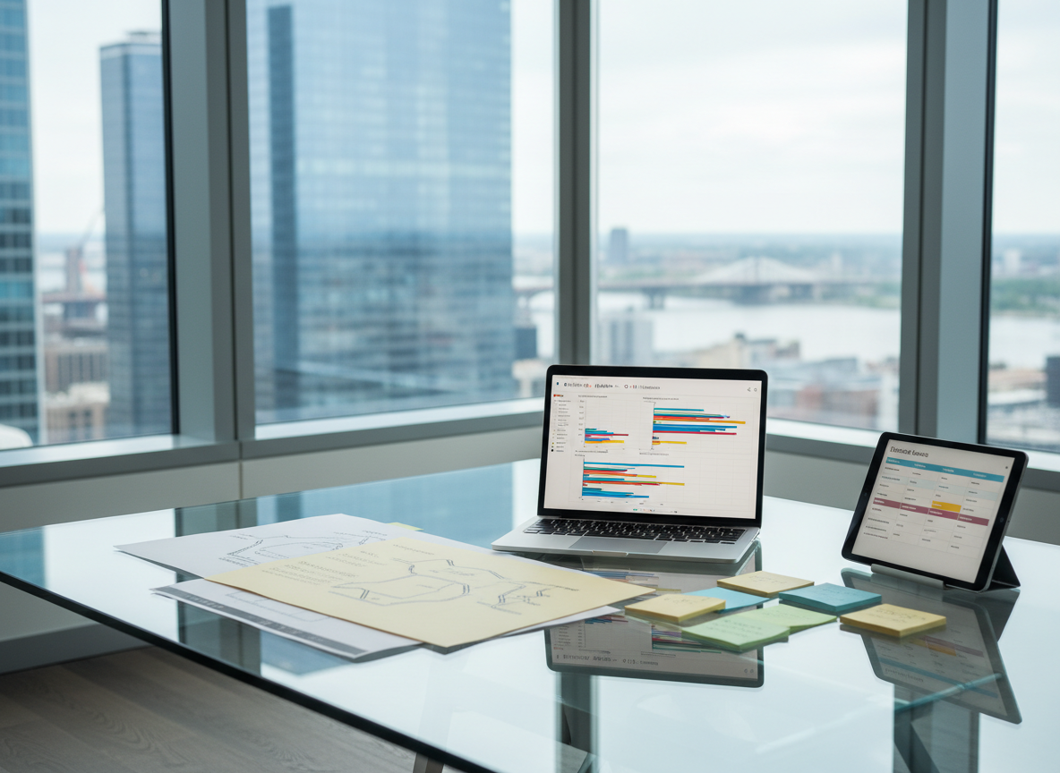 A large, sleek glass-topped desk covered with neatly arranged project management artifacts: a high-resolution laptop showing a colorful Gantt chart, printed roadmaps with clean typography, sticky-note style shapes, and a tablet displaying a kanban board. The desk sits in a modern corner office with floor-to-ceiling windows overlooking a soft-focus city skyline. Cool natural daylight pours in, creating crisp reflections on the glass and gentle shadows on the documents. Photographic realism at eye level, with a shallow depth of field that keeps the digital plans in sharp focus while the background fades into a professional, calm blur, conveying clarity, structure, and executive-level planning in a contemporary workplace.